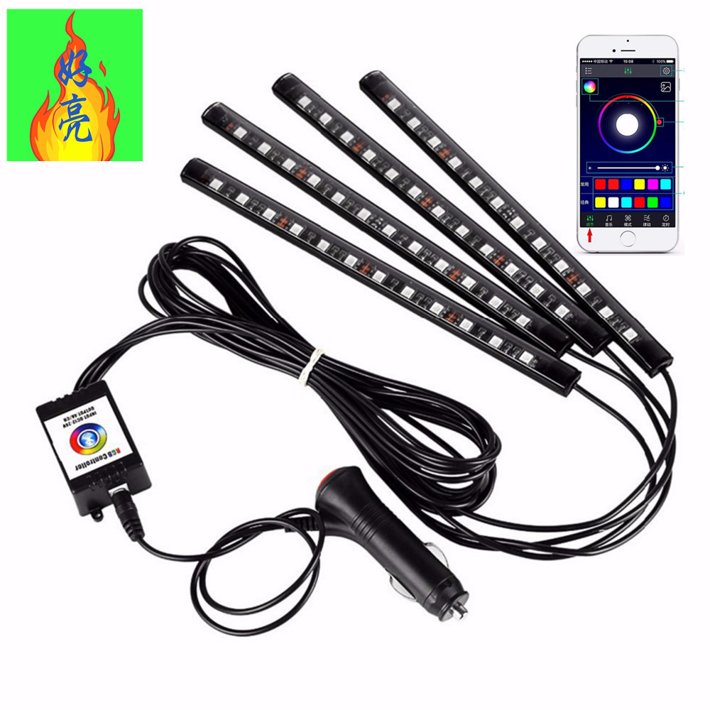 手机APP控制七彩气氛灯汽车LED脚底灯一拖四12灯室内氛围灯